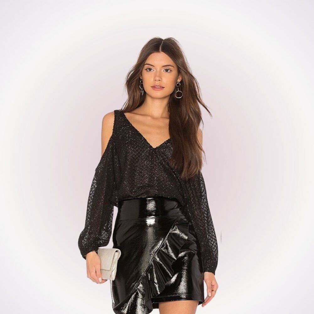 L’Academie see through cold shoulder long sleeve glitter blouse | Sz S, NWT
